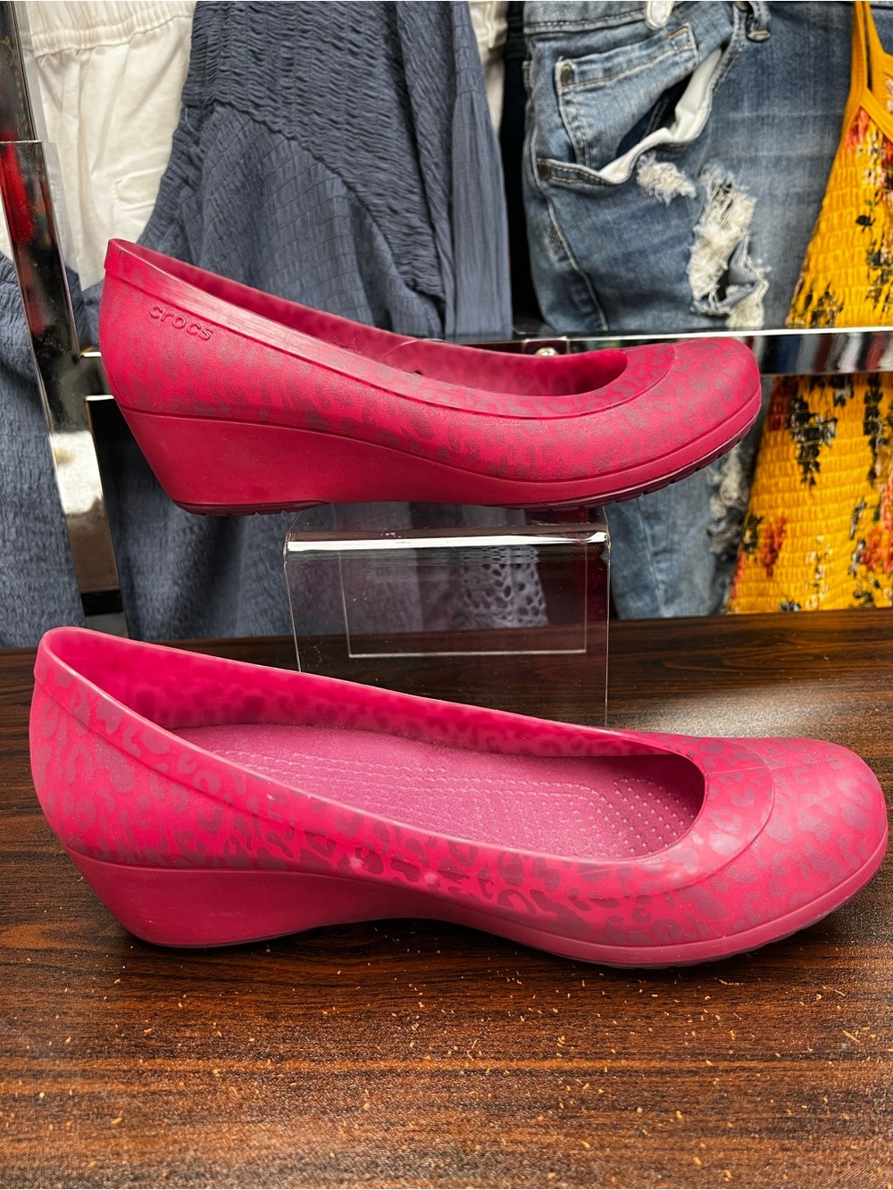 Crocs Pink Leopard Carlisa Wedges - Size 11